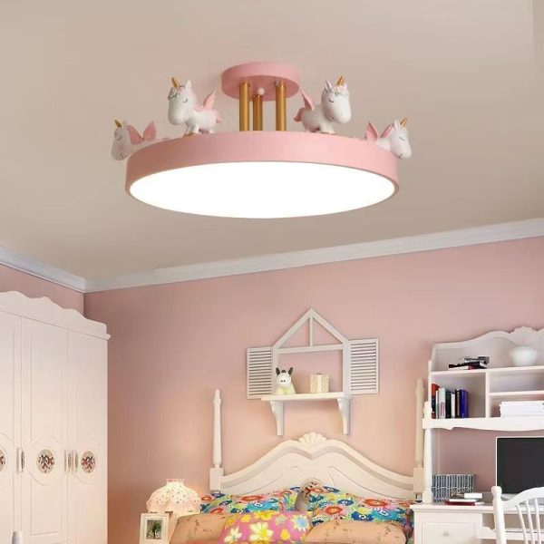 Contemporary Creative Resin Iron Acrylic Wood Unicorn Round LED Semi-Flush Mount Ceiling Light For Bedroom - Image 10