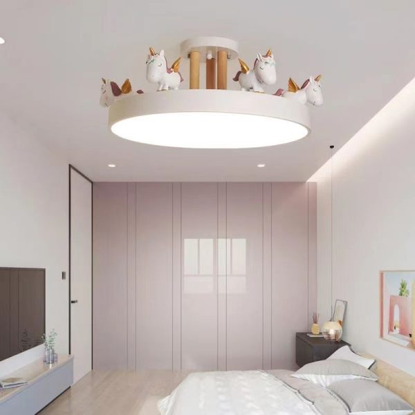 Contemporary Creative Resin Iron Acrylic Wood Unicorn Round LED Semi-Flush Mount Ceiling Light For Bedroom - Image 11
