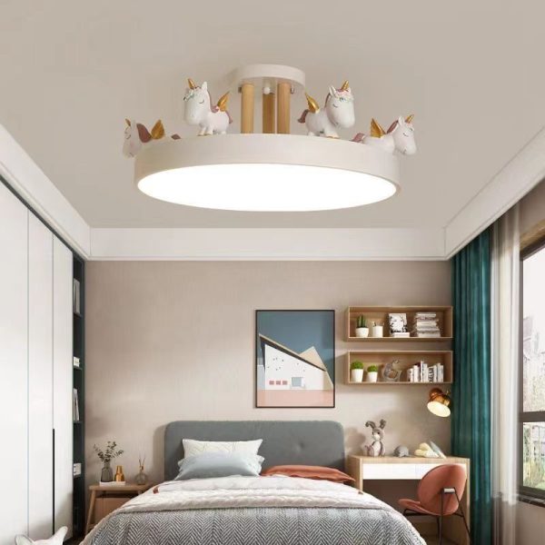 Contemporary Creative Resin Iron Acrylic Wood Unicorn Round LED Semi-Flush Mount Ceiling Light For Bedroom - Image 12