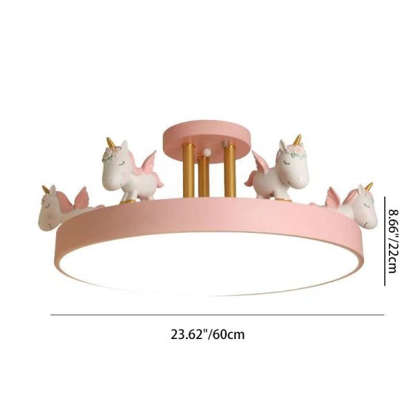Contemporary Creative Resin Iron Acrylic Wood Unicorn Round LED Semi-Flush Mount Ceiling Light For Bedroom - Image 5