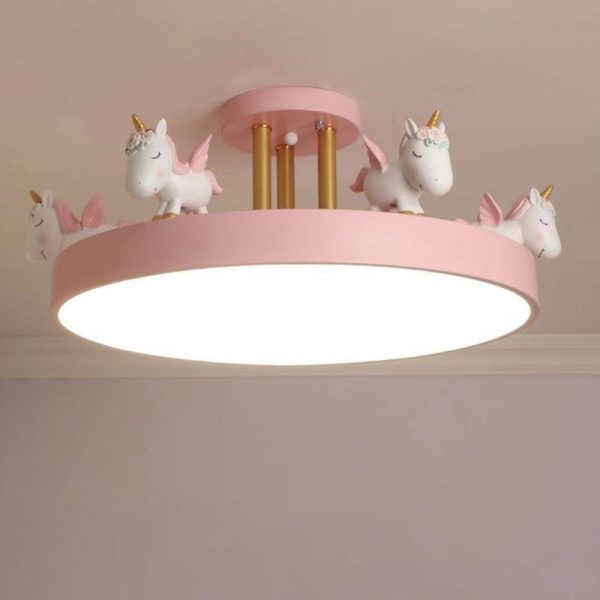 Contemporary Creative Resin Iron Acrylic Wood Unicorn Round LED Semi-Flush Mount Ceiling Light For Bedroom - Image 14