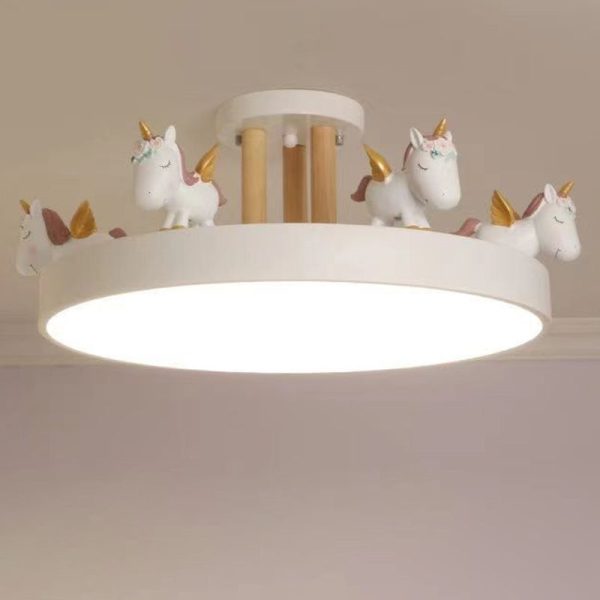 Contemporary Creative Resin Iron Acrylic Wood Unicorn Round LED Semi-Flush Mount Ceiling Light For Bedroom - Image 15