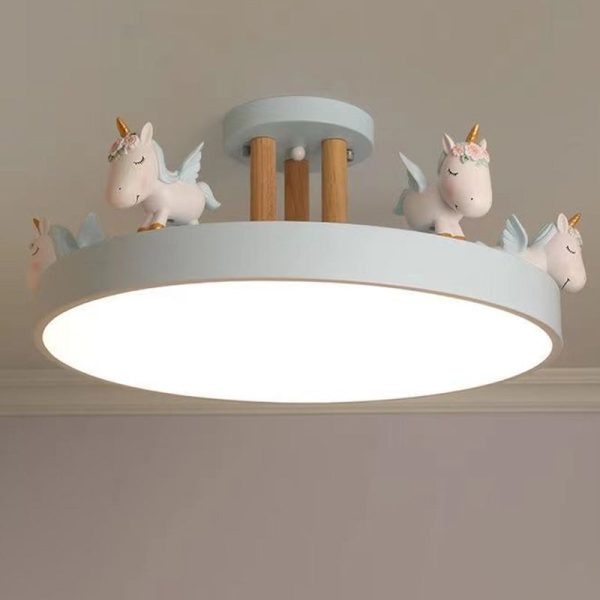 Contemporary Creative Resin Iron Acrylic Wood Unicorn Round LED Semi-Flush Mount Ceiling Light For Bedroom - Image 16