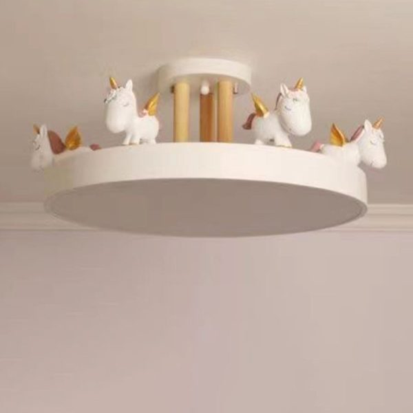 Contemporary Creative Resin Iron Acrylic Wood Unicorn Round LED Semi-Flush Mount Ceiling Light For Bedroom - Image 2