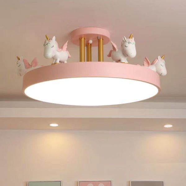 Contemporary Creative Resin Iron Acrylic Wood Unicorn Round LED Semi-Flush Mount Ceiling Light For Bedroom - Image 3