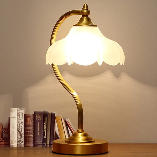 Traditional European Brass Glass Floral Shade Round Base 1-Light Table Lamp For Bedroom - Image 2