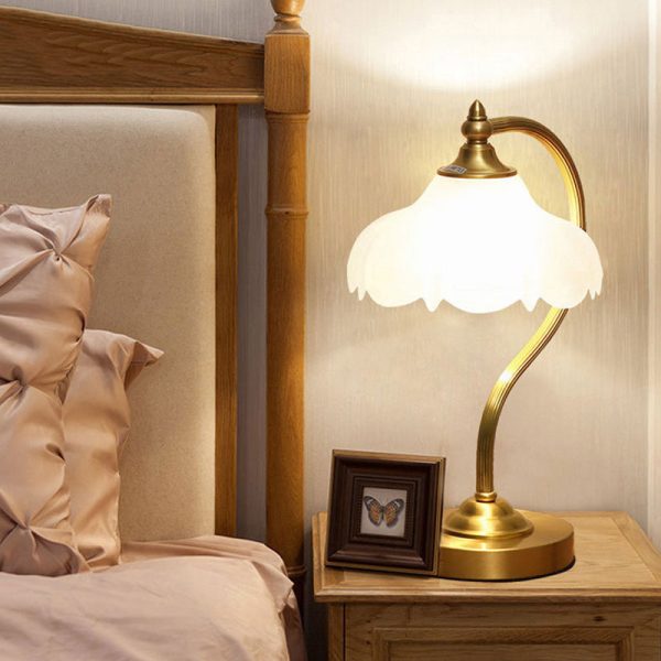 Traditional European Brass Glass Floral Shade Round Base 1-Light Table Lamp For Bedroom - Image 14