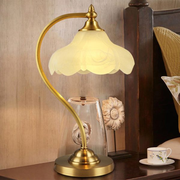 Traditional European Brass Glass Floral Shade Round Base 1-Light Table Lamp For Bedroom - Image 3