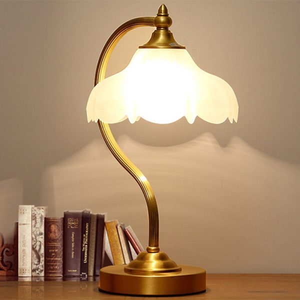 Traditional European Brass Glass Floral Shade Round Base 1-Light Table Lamp For Bedroom - Image 12