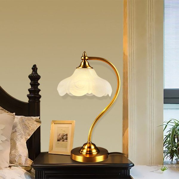 Traditional European Brass Glass Floral Shade Round Base 1-Light Table Lamp For Bedroom - Image 13