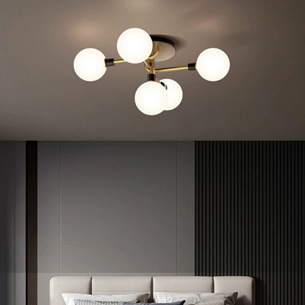 Contemporary Creative Brass & Glass Curved Round 5-Light Semi-Flush Mount Ceiling Light For Bedroom And Living Room - Image 3