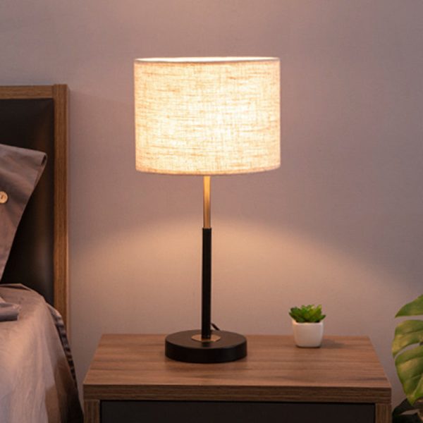 Contemporary Nordic Fabric And Iron Cylindrical 1-Light Table Lamp For Bedroom And Living Room - Image 9