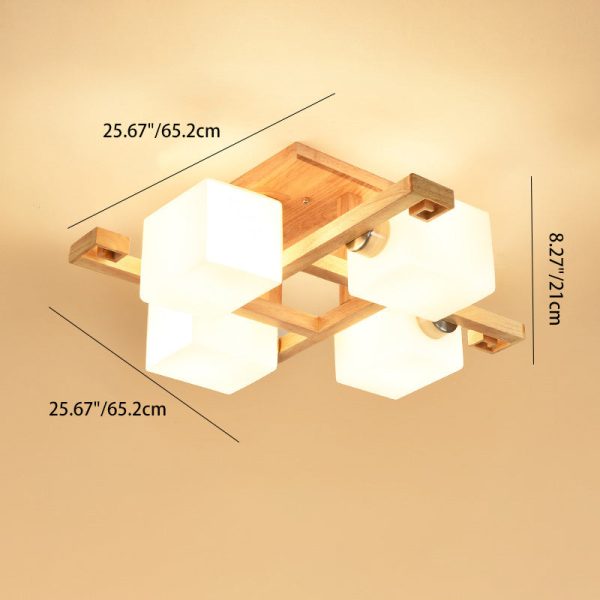 Contemporary Nordic Wood & Glass Square Cube 4/5/8/9-Light Semi-Flush Mount Ceiling Light For Bedroom & Living Room - Image 4
