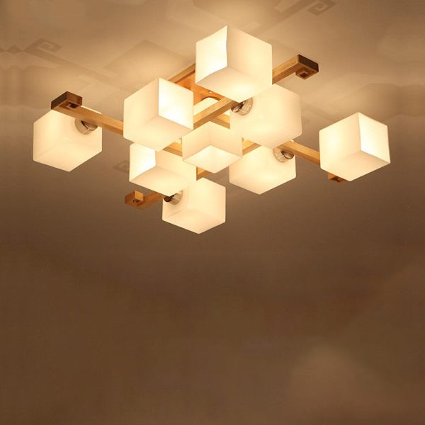 Contemporary Nordic Wood & Glass Square Cube 4/5/8/9-Light Semi-Flush Mount Ceiling Light For Bedroom & Living Room - Image 12