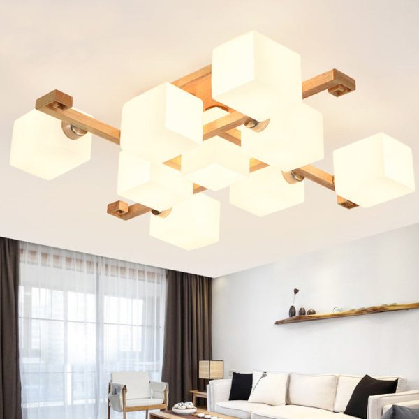 Contemporary Nordic Wood & Glass Square Cube 4/5/8/9-Light Semi-Flush Mount Ceiling Light For Bedroom & Living Room - Image 3