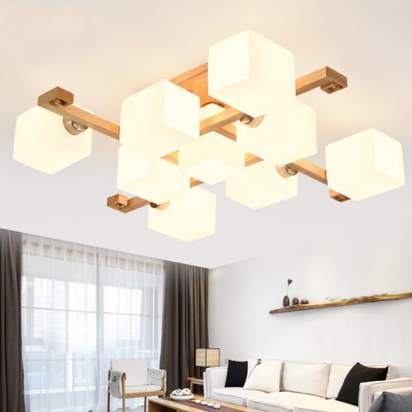 Contemporary Nordic Wood & Glass Square Cube 4/5/8/9-Light Semi-Flush Mount Ceiling Light For Bedroom & Living Room - Image 13