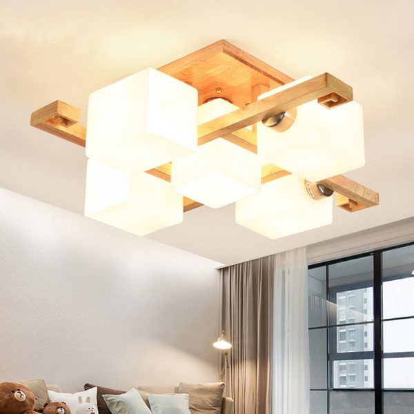 Contemporary Nordic Wood & Glass Square Cube 4/5/8/9-Light Semi-Flush Mount Ceiling Light For Bedroom & Living Room - Image 2