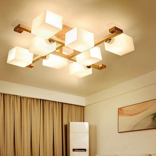 Contemporary Nordic Wood & Glass Square Cube 4/5/8/9-Light Semi-Flush Mount Ceiling Light For Bedroom & Living Room - Image 15