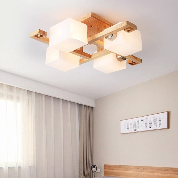 Contemporary Nordic Wood & Glass Square Cube 4/5/8/9-Light Semi-Flush Mount Ceiling Light For Bedroom & Living Room - Image 14