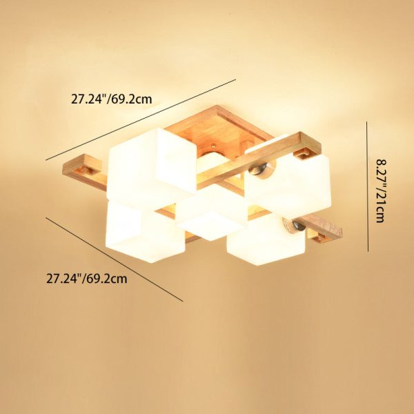 Contemporary Nordic Wood & Glass Square Cube 4/5/8/9-Light Semi-Flush Mount Ceiling Light For Bedroom & Living Room - Image 5