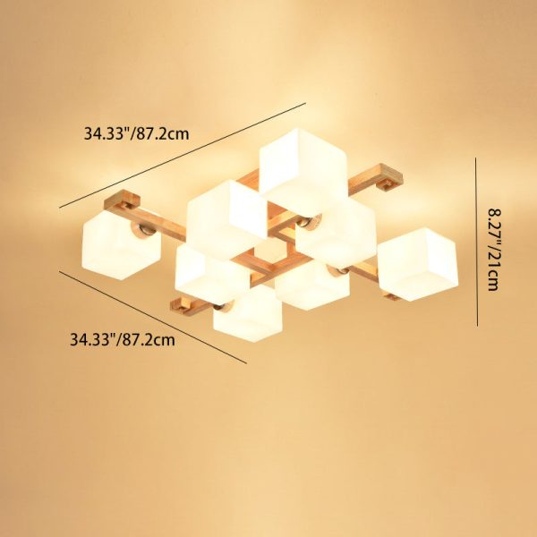 Contemporary Nordic Wood & Glass Square Cube 4/5/8/9-Light Semi-Flush Mount Ceiling Light For Bedroom & Living Room - Image 6