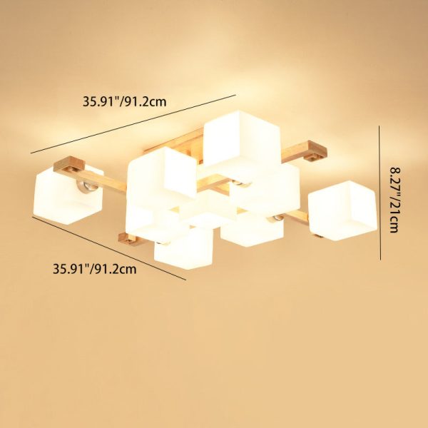 Contemporary Nordic Wood & Glass Square Cube 4/5/8/9-Light Semi-Flush Mount Ceiling Light For Bedroom & Living Room - Image 7