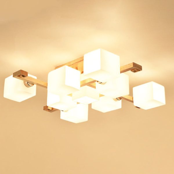 Contemporary Nordic Wood & Glass Square Cube 4/5/8/9-Light Semi-Flush Mount Ceiling Light For Bedroom & Living Room - Image 9