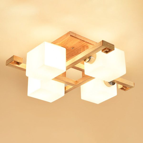Contemporary Nordic Wood & Glass Square Cube 4/5/8/9-Light Semi-Flush Mount Ceiling Light For Bedroom & Living Room - Image 10