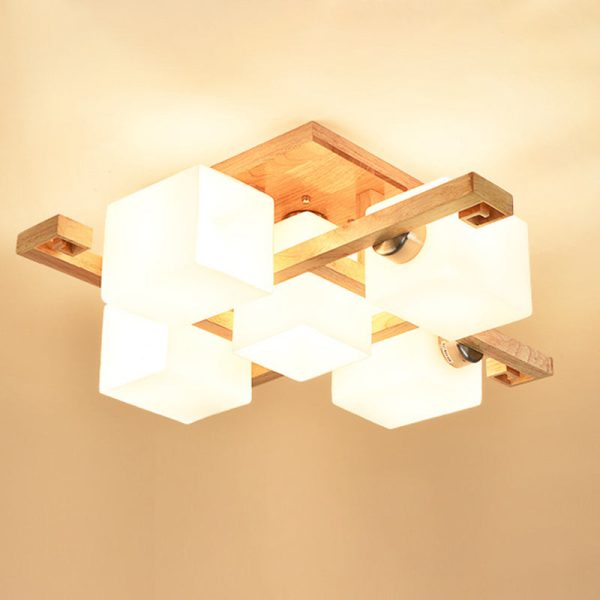 Contemporary Nordic Wood & Glass Square Cube 4/5/8/9-Light Semi-Flush Mount Ceiling Light For Bedroom & Living Room - Image 11