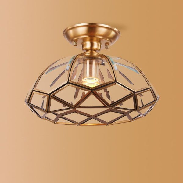 Traditional Vintage Brass & Glass Pyramid 1-Light Semi-Flush Mount Ceiling Light For Bedroom & Living Room - Image 2