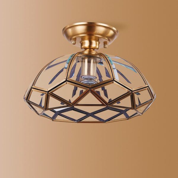 Traditional Vintage Brass & Glass Pyramid 1-Light Semi-Flush Mount Ceiling Light For Bedroom & Living Room - Image 7