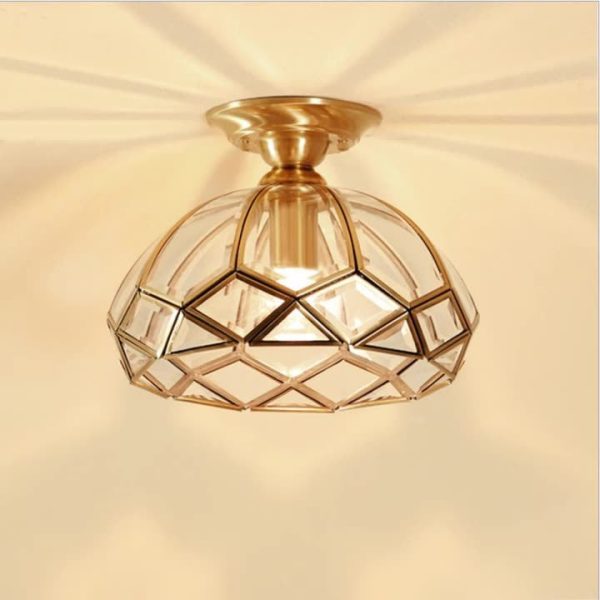 Traditional Vintage Brass & Glass Pyramid 1-Light Semi-Flush Mount Ceiling Light For Bedroom & Living Room - Image 3