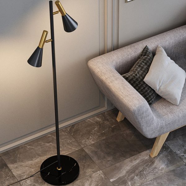 Contemporary Nordic Iron & Marble Cone 2-Light Standing Floor Lamp With Adjustable Angle For Bedroom & Living Room - Image 16