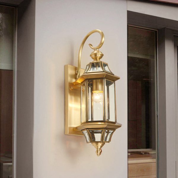 Traditional European Brass Glass Polygonal 1-Light Waterproof Wall Sconce Lamp For Bedroom Patio And Garden - Image 13