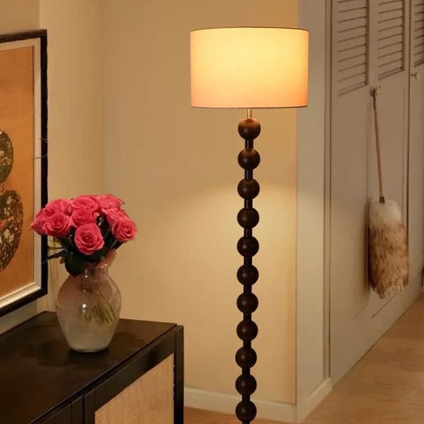 Traditional Vintage Wood & Fabric Round 1-Light Standing Floor Lamp For Bedroom & Living Room - Image 3