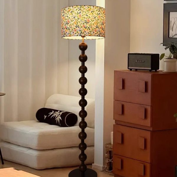 Traditional Vintage Wood & Fabric Round 1-Light Standing Floor Lamp For Bedroom & Living Room - Image 2