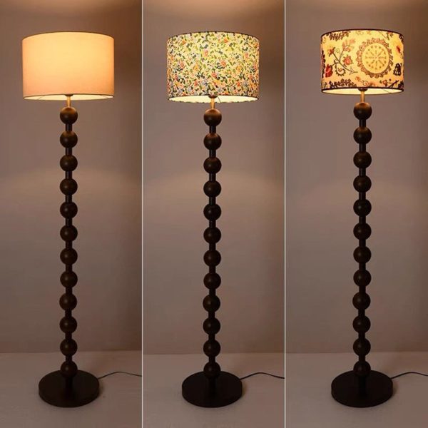 Traditional Vintage Wood & Fabric Round 1-Light Standing Floor Lamp For Bedroom & Living Room - Image 7