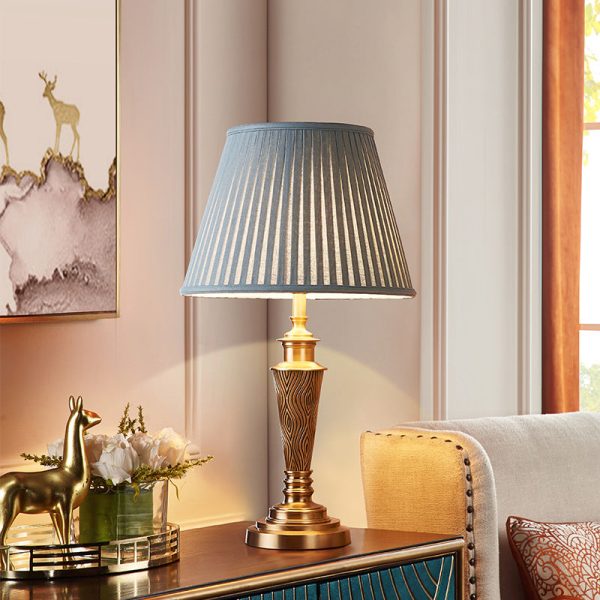 Traditional Rustic Brass Fabric Round 1-Light Table Lamp For Bedroom & Living Room - Image 11