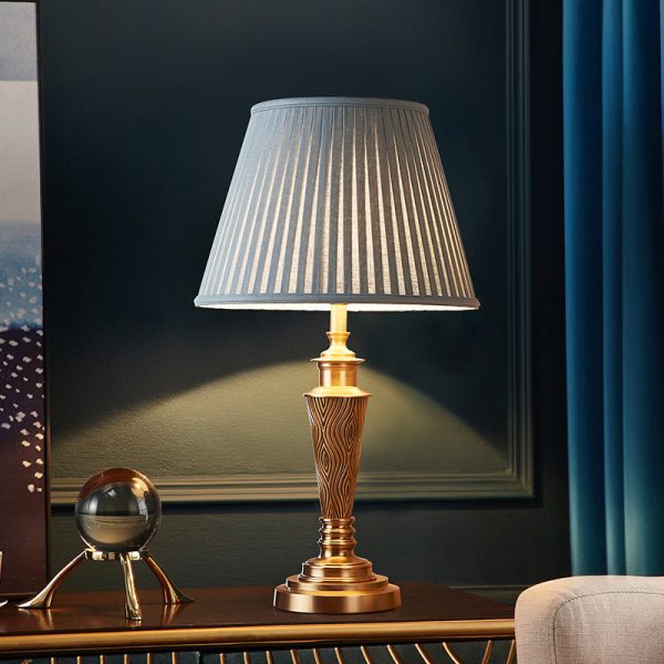 Traditional Rustic Brass Fabric Round 1-Light Table Lamp For Bedroom & Living Room - Image 9