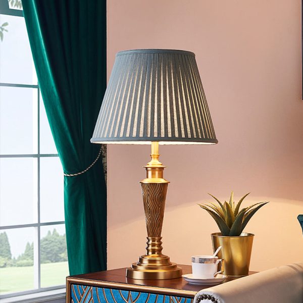 Traditional Rustic Brass Fabric Round 1-Light Table Lamp For Bedroom & Living Room - Image 2