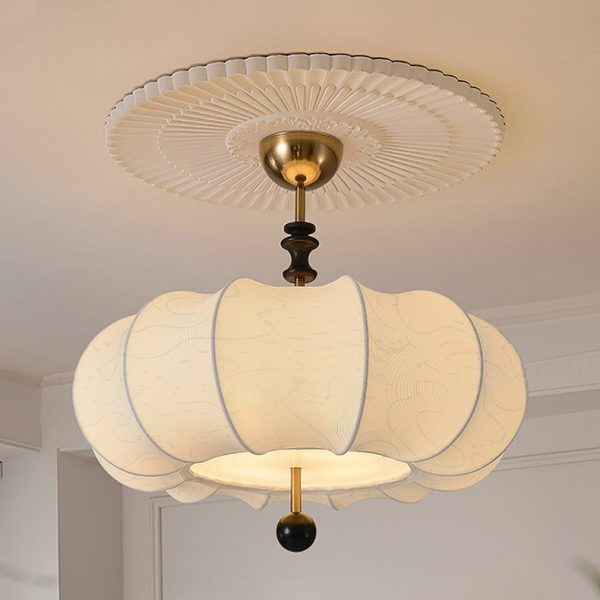 Traditional Chinese Solid Wood Fabric Iron Pumpkin Round 4/5-Light Semi-Flush Mount Ceiling Light For Bedroom & Living Room - Image 18