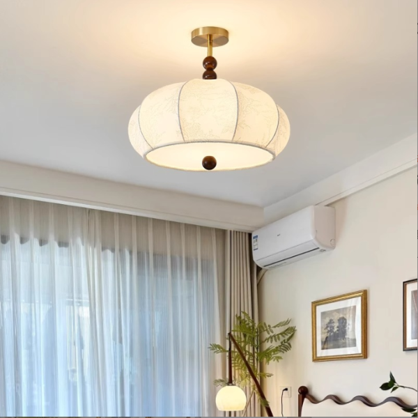 Traditional Vintage Metal Wood Fabric Flat Globe 4/5-Light Semi-Flush Mount Ceiling Light For Bedroom & Living Room - Image 2