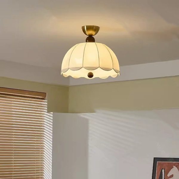 Traditional Vintage Metal Wood Fabric Petal-Shaped Embroidered 3/5-Light Semi-Flush Mount Ceiling Light For Bedroom & Living Room - Image 2