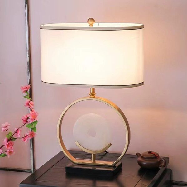 Traditional Vintage Fabric Marble Metal Oval Hollow 1-Light Table Lamp For Bedroom & Living Room - Image 2