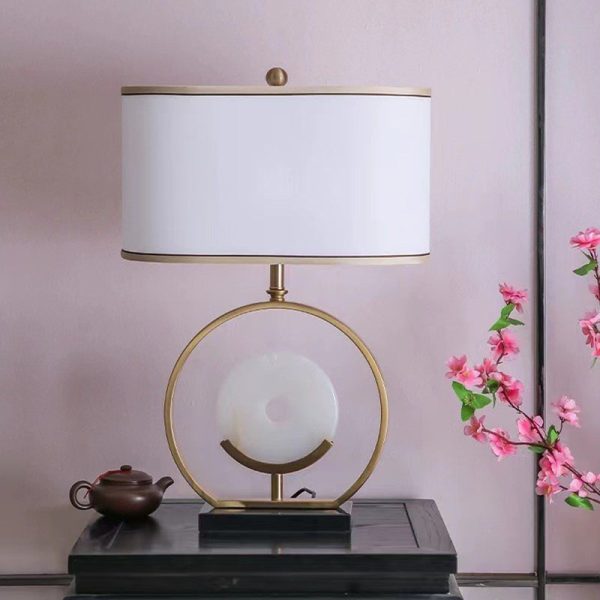 Traditional Vintage Fabric Marble Metal Oval Hollow 1-Light Table Lamp For Bedroom & Living Room - Image 6