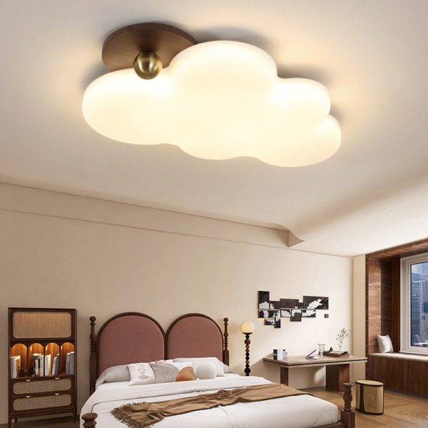 Traditional Vintage PE Rubber Wood Cream Cloud Curved LED Flush Mount Ceiling Light For Bedroom & Living Room - Image 3