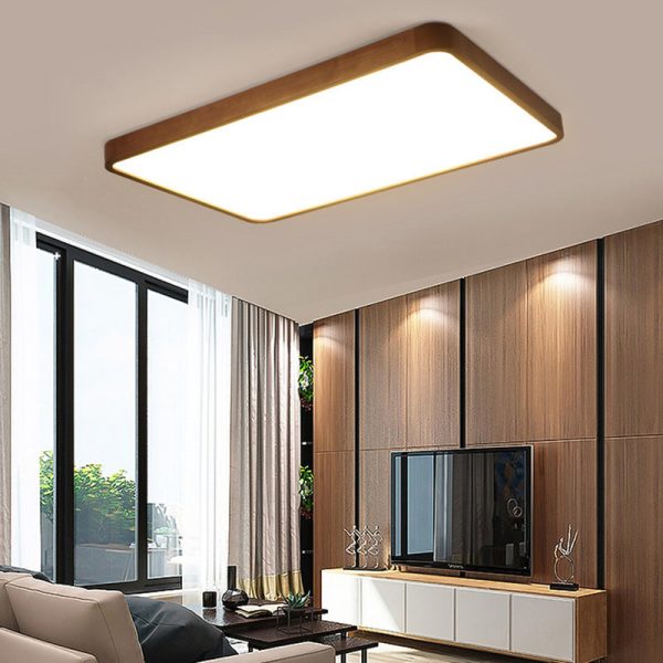 Traditional Chinese Acrylic Wood Metal Rectangular LED Flush Mount Ceiling Light For Living Room - Image 3