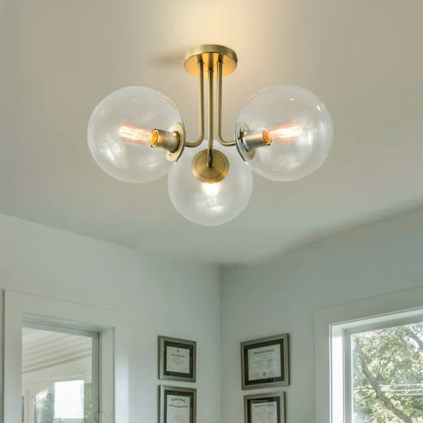 Contemporary Scandinavian Brass Glass Globe 3-Light Semi-Flush Mount Ceiling Light For Bedroom & Living Room - Image 2