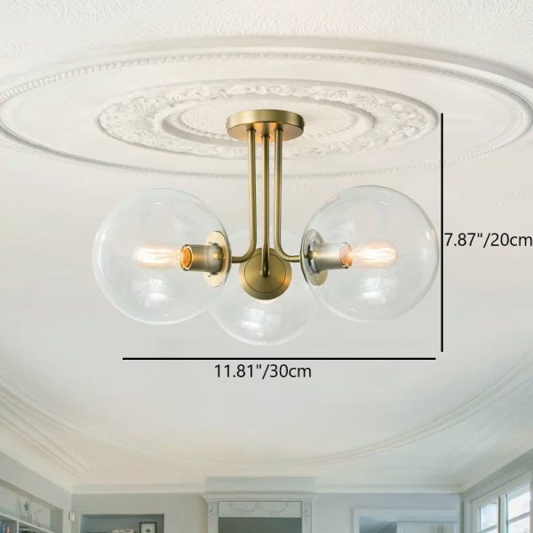 Contemporary Scandinavian Brass Glass Globe 3-Light Semi-Flush Mount Ceiling Light For Bedroom & Living Room - Image 4