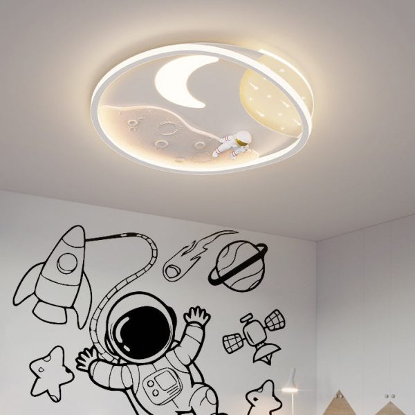 Modern Art Deco Acrylic Resin Iron Planet Astronaut Round LED Flush Mount Ceiling Light For Bedroom & Living Room